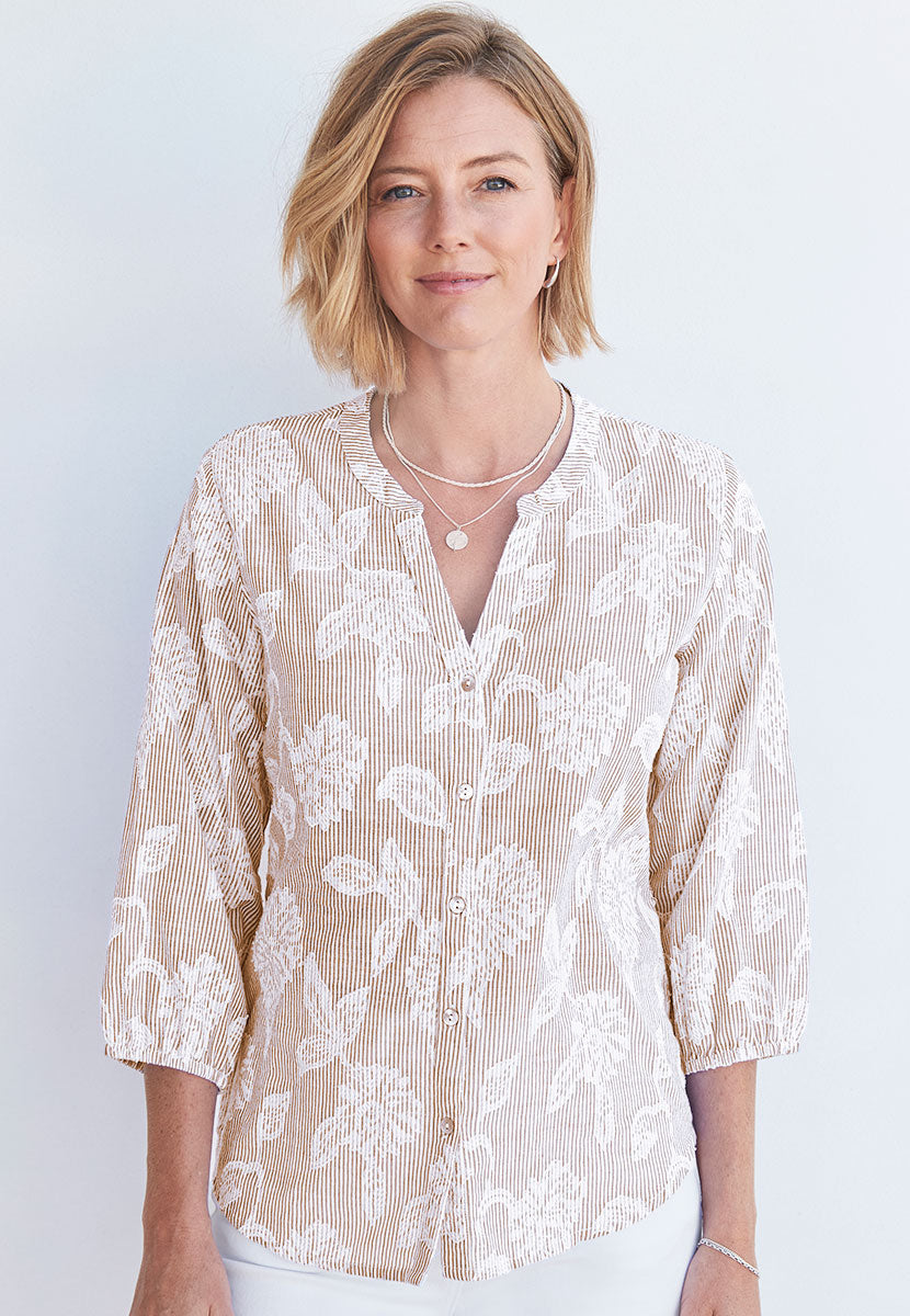 Rhiannon 3/4 Sleeve Pure Cotton Shirt - Neutral/White Floral