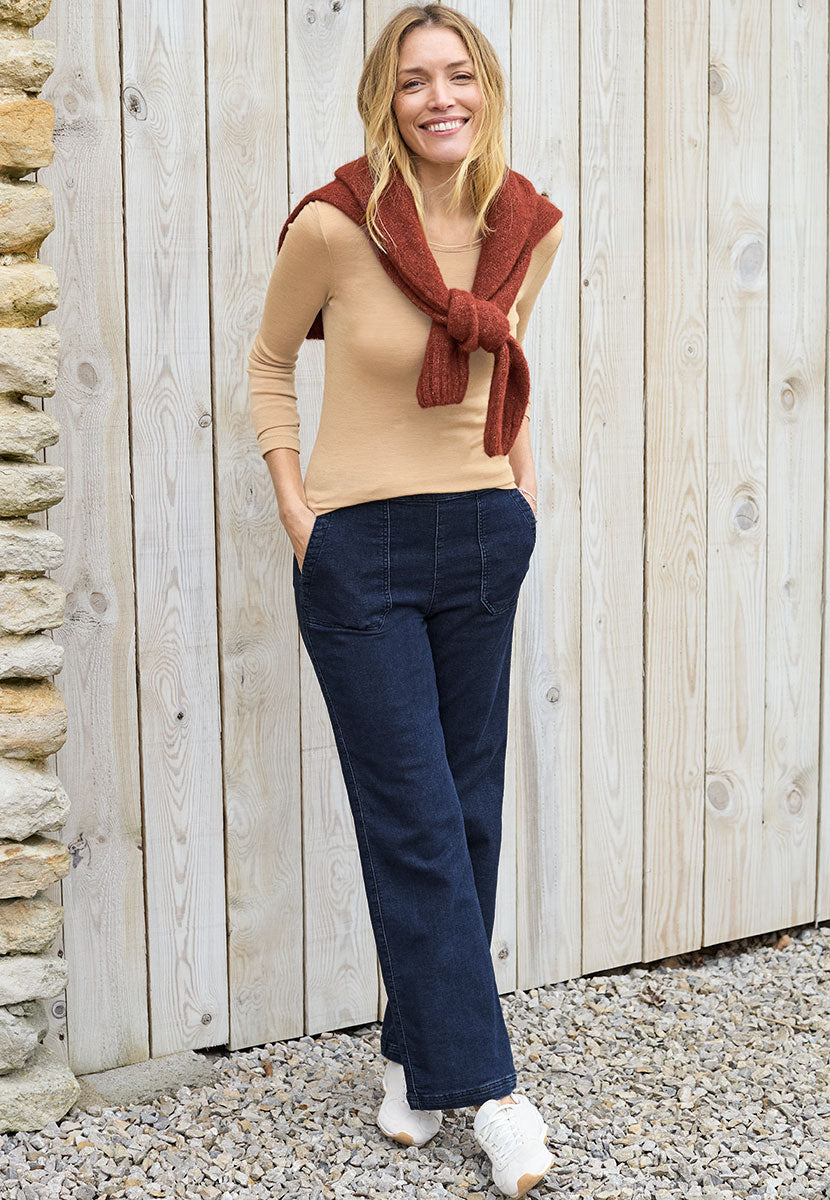 Rita Jersey Denim Wide Leg Jeans - Dark Denim
