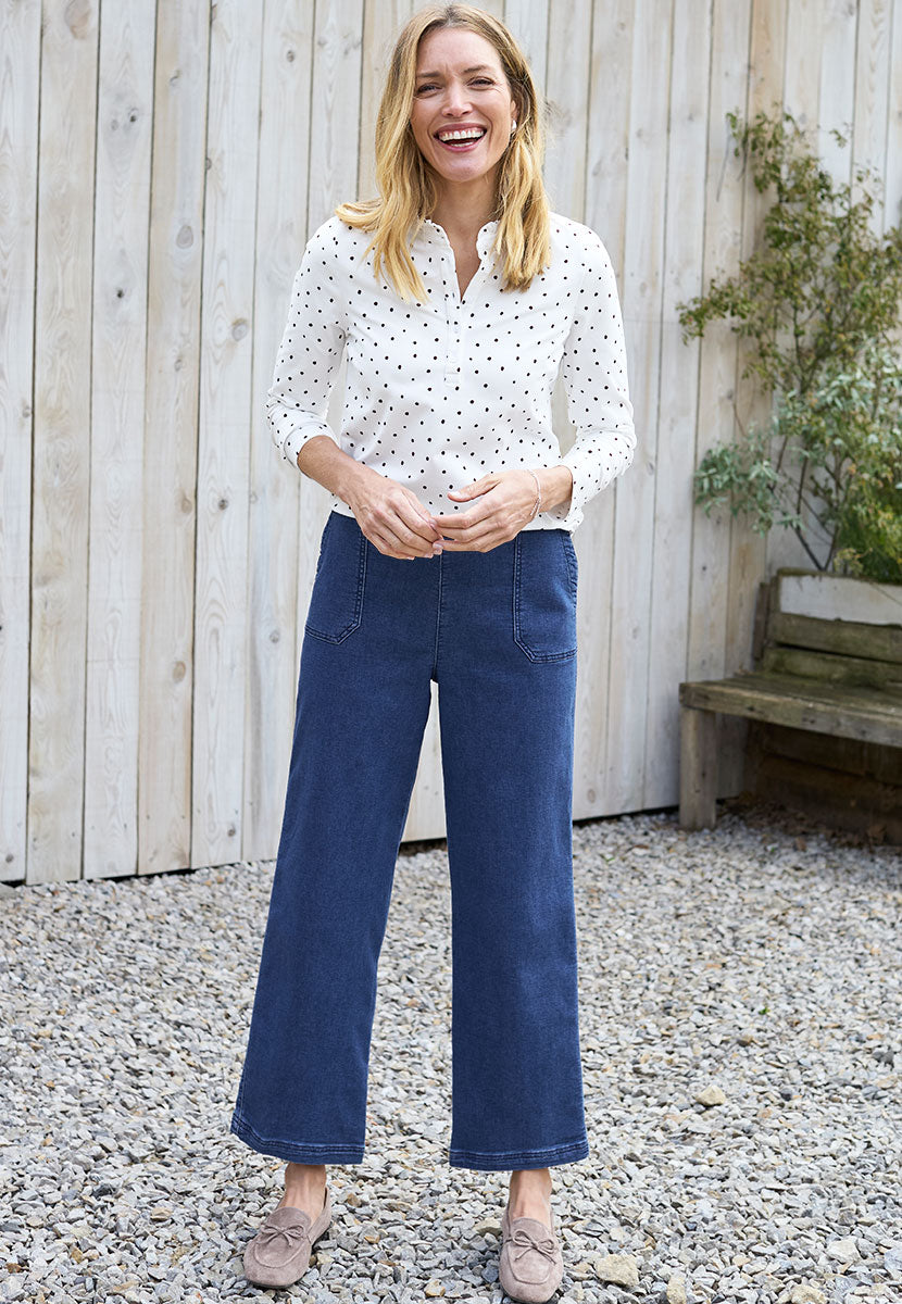 Rita Jersey Denim Wide Leg Jeans - Mid Denim