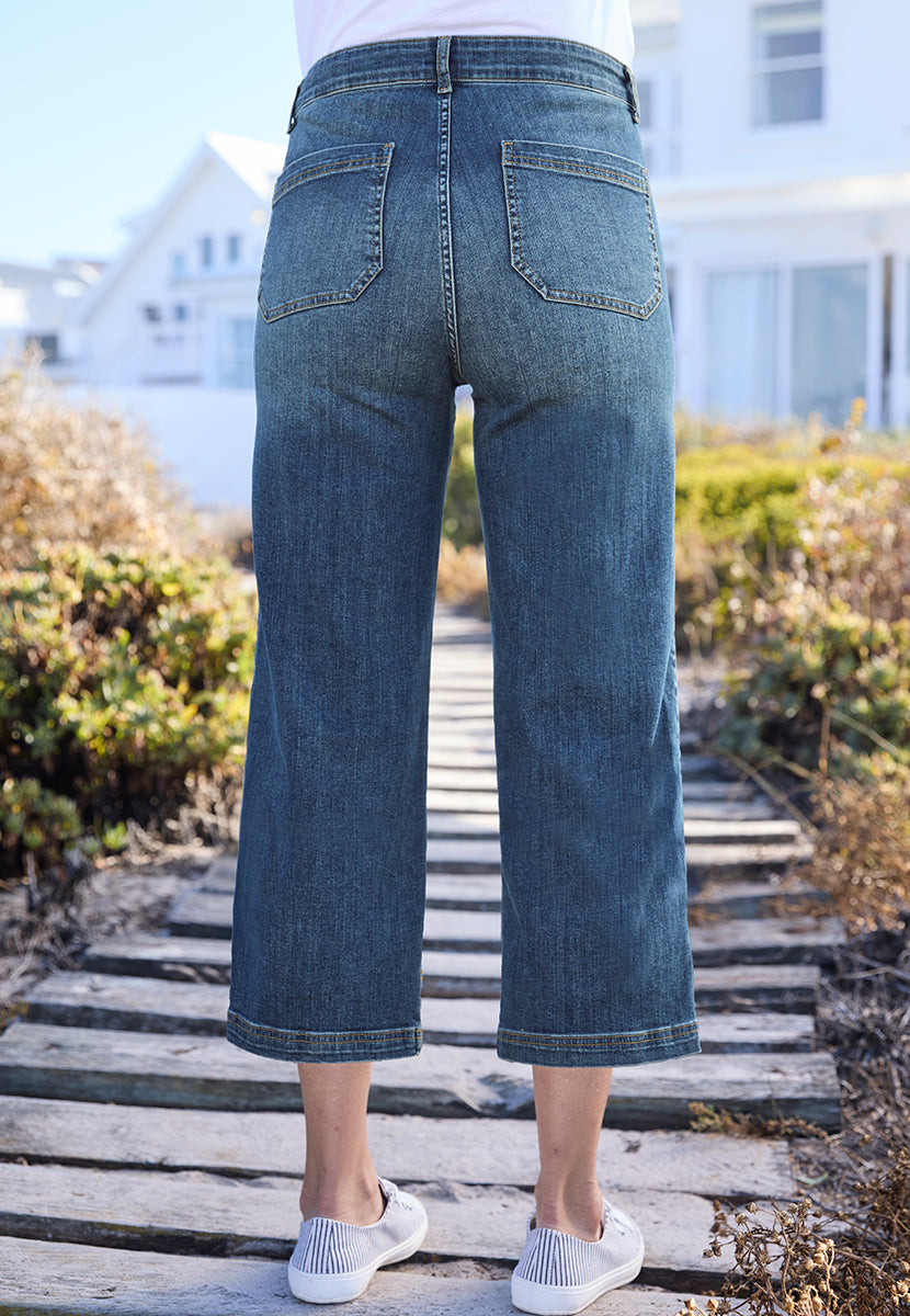 Roberta Wide Leg Cropped Jean - Mid Denim
