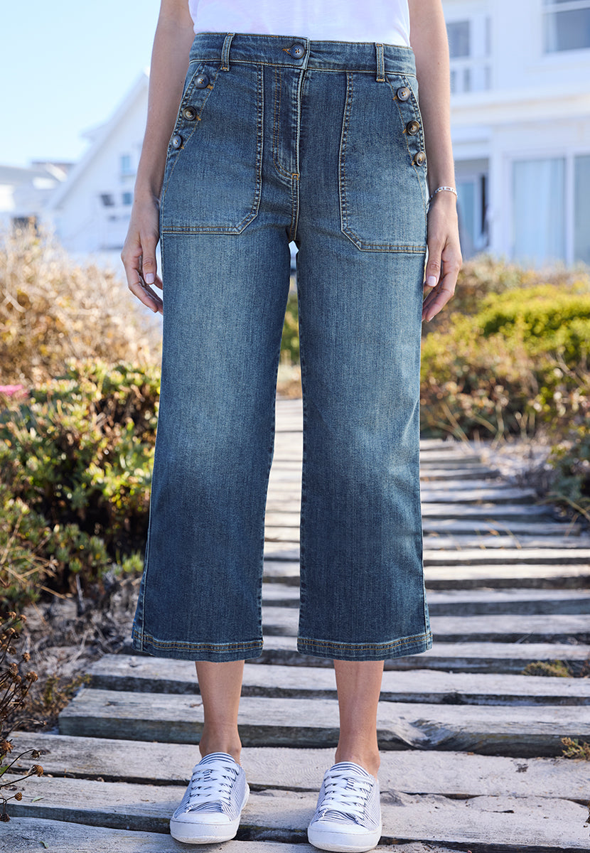 Roberta Wide Leg Cropped Jean - Mid Denim