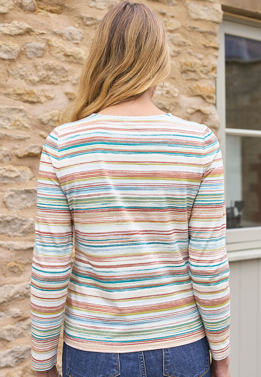Romina Scoop Neck Long Sleeve Jersey Top - Multi Stripe