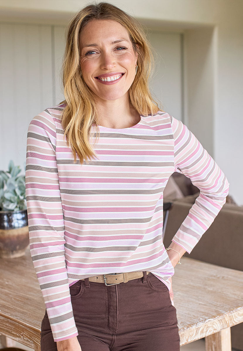 Romina Scoop Neck Long Sleeve Jersey Top - Pink Stripe Front Posed View