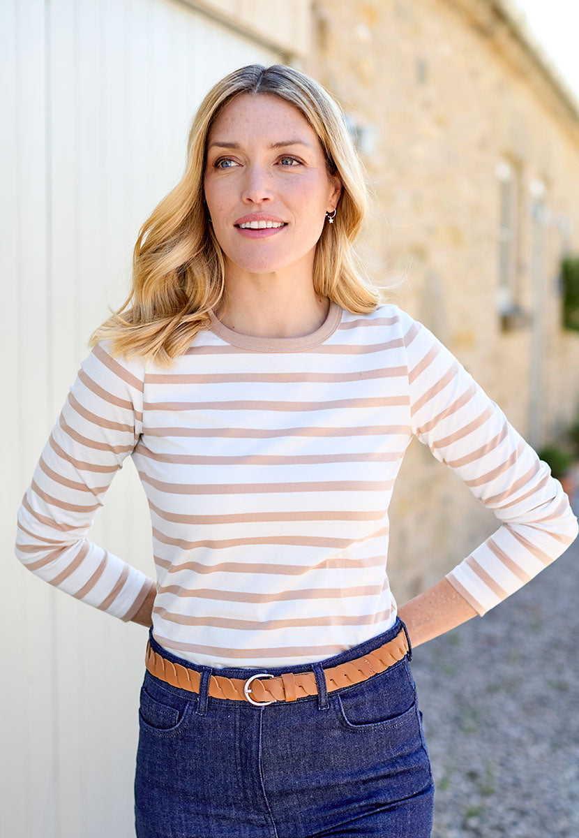 Romy Long Sleeve Cotton Top - Camel Stripe