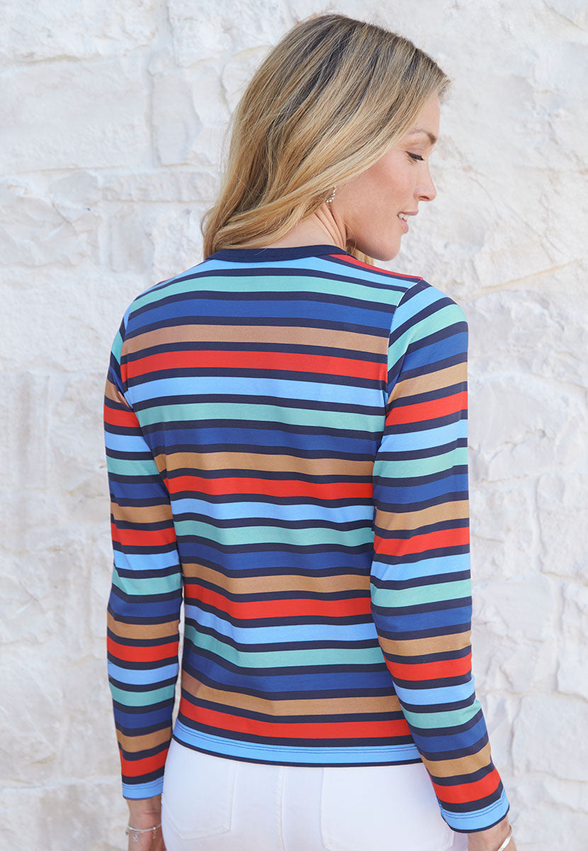 Romy Long Sleeve Cotton Top - Geranium Multi Stripe