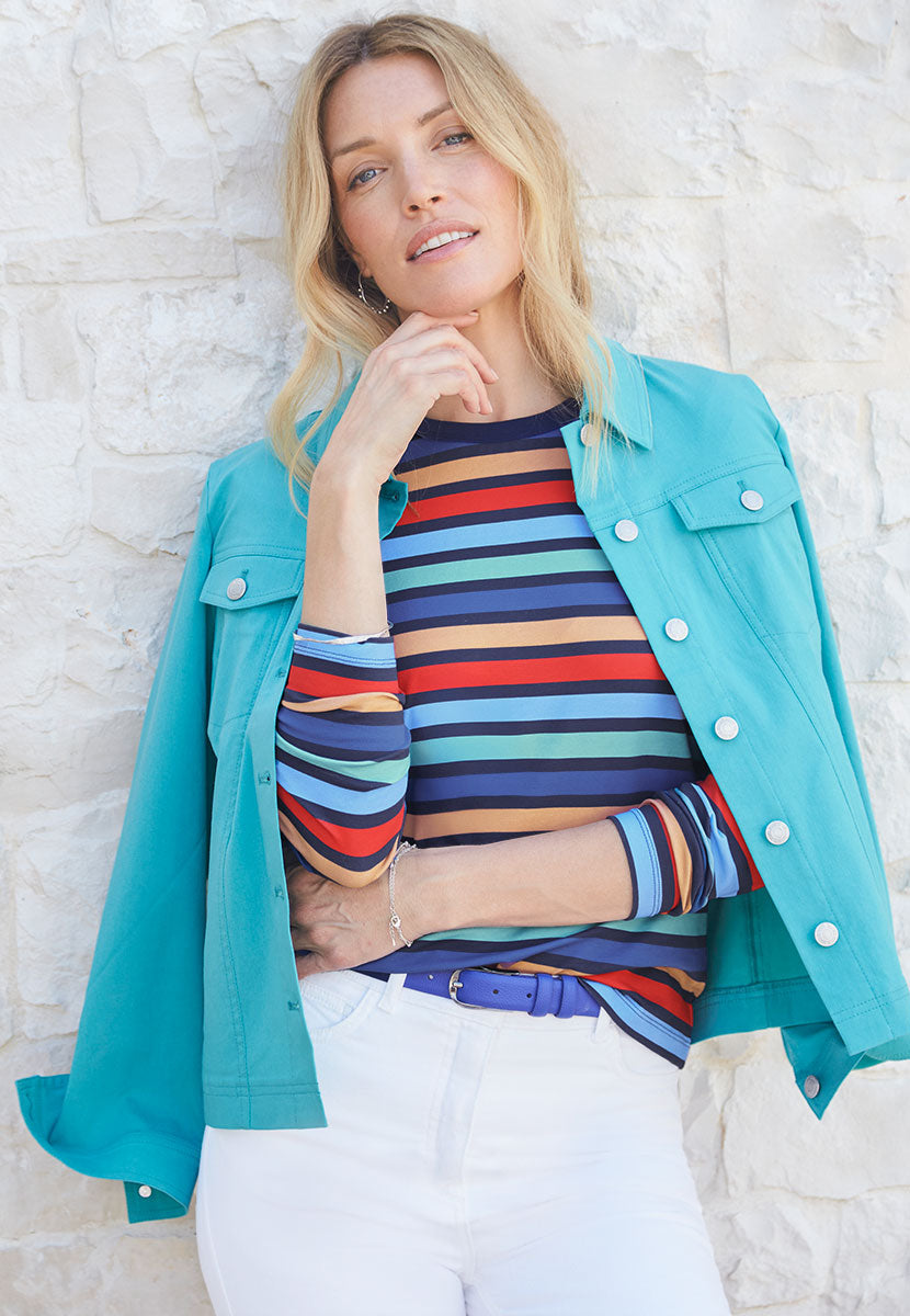 Romy Long Sleeve Cotton Top - Geranium Multi Stripe
