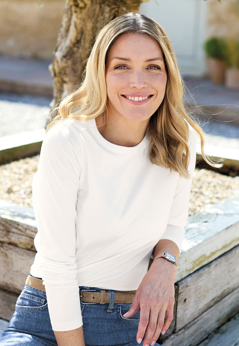 Romy Long Sleeve Striped Top - Ivory Classic Striped Top with Constrast Neck Trims