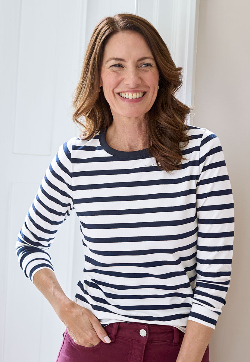 Romy Long Sleeve Cotton Top - Navy Stripe