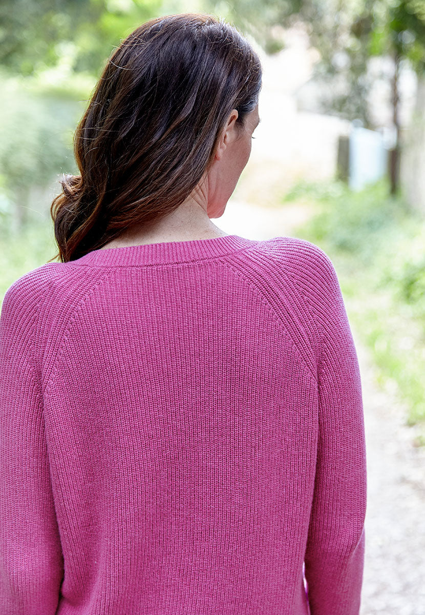 Rosa Relaxed Crew Neck Jumper - Magenta Dark Pink Seasonal Shade Smooth Mid-Weight All-Over Rib Knit with Raglan Sleeves and Frill Cuffs Back View