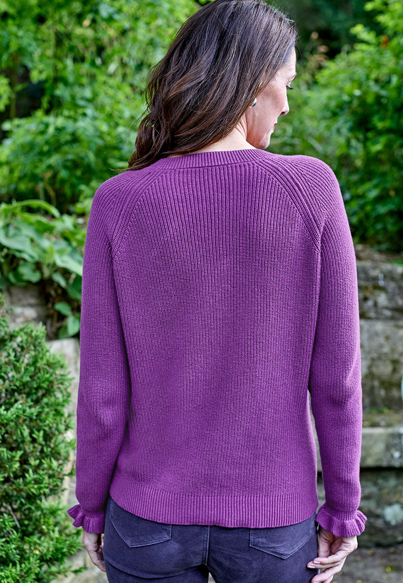 Rosa Relaxed Crew Neck Jumper - Plum Dark Purple Seasonal Shade Smooth Mid-Weight All-Over Rib Knit with Raglan Sleeves and Frill Cuffs Back View