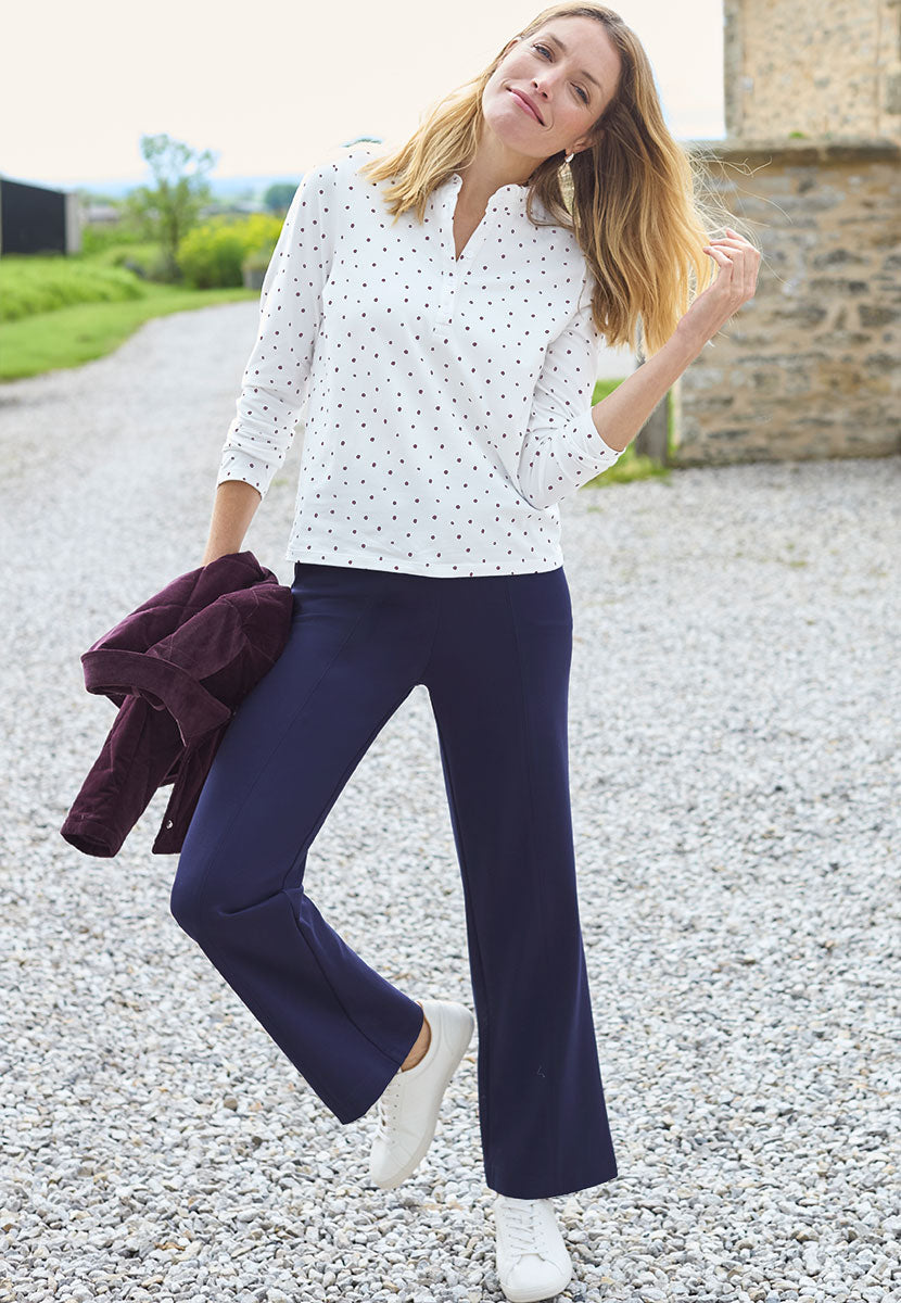 Rosa Pull on Wide Leg Trouser - Navy Front View with Evie Spot Top