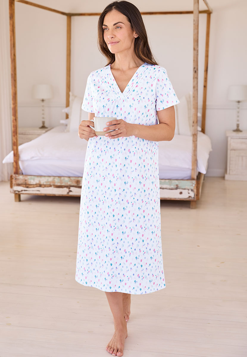 Rosalyn Short Sleeve Pure Cotton Nightdress - Carbolla Spot
