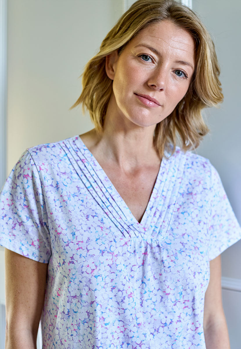 Rosalyn Cotton Jersey Nightdress - Flora Print Purple and White Floral Print V-Neck Short Sleeve Nightdress with Pleat Details Detail View