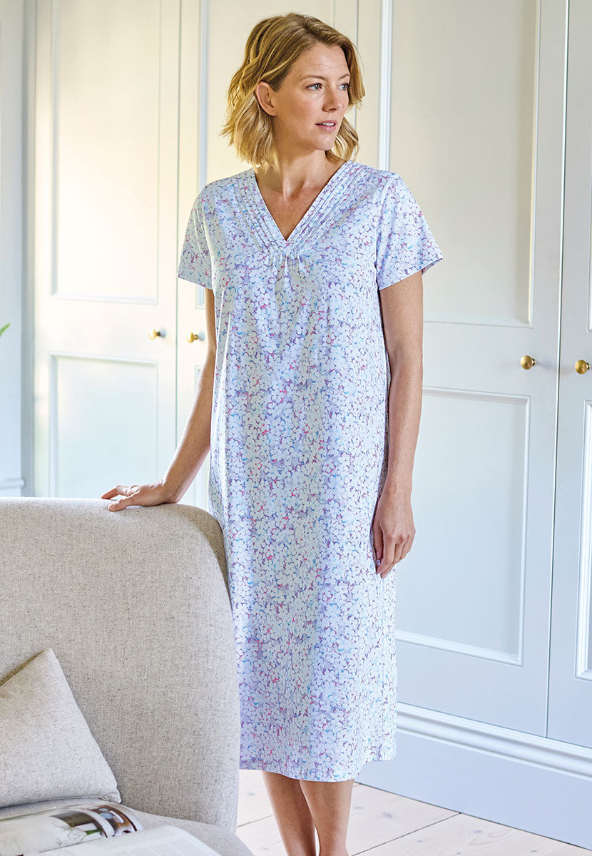 Rosalyn Cotton Jersey Nightdress - Flora Print Purple and White Floral Print V-Neck Short Sleeve Nightdress with Pleat Details