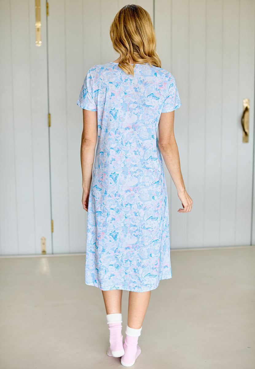 Rosalyn Short Sleeve Cotton Jersey Nightdress - Murcia Print Pure Cotton V-Neck Best-Selling Style in Longer Length Pretty Pleat Detail Back View