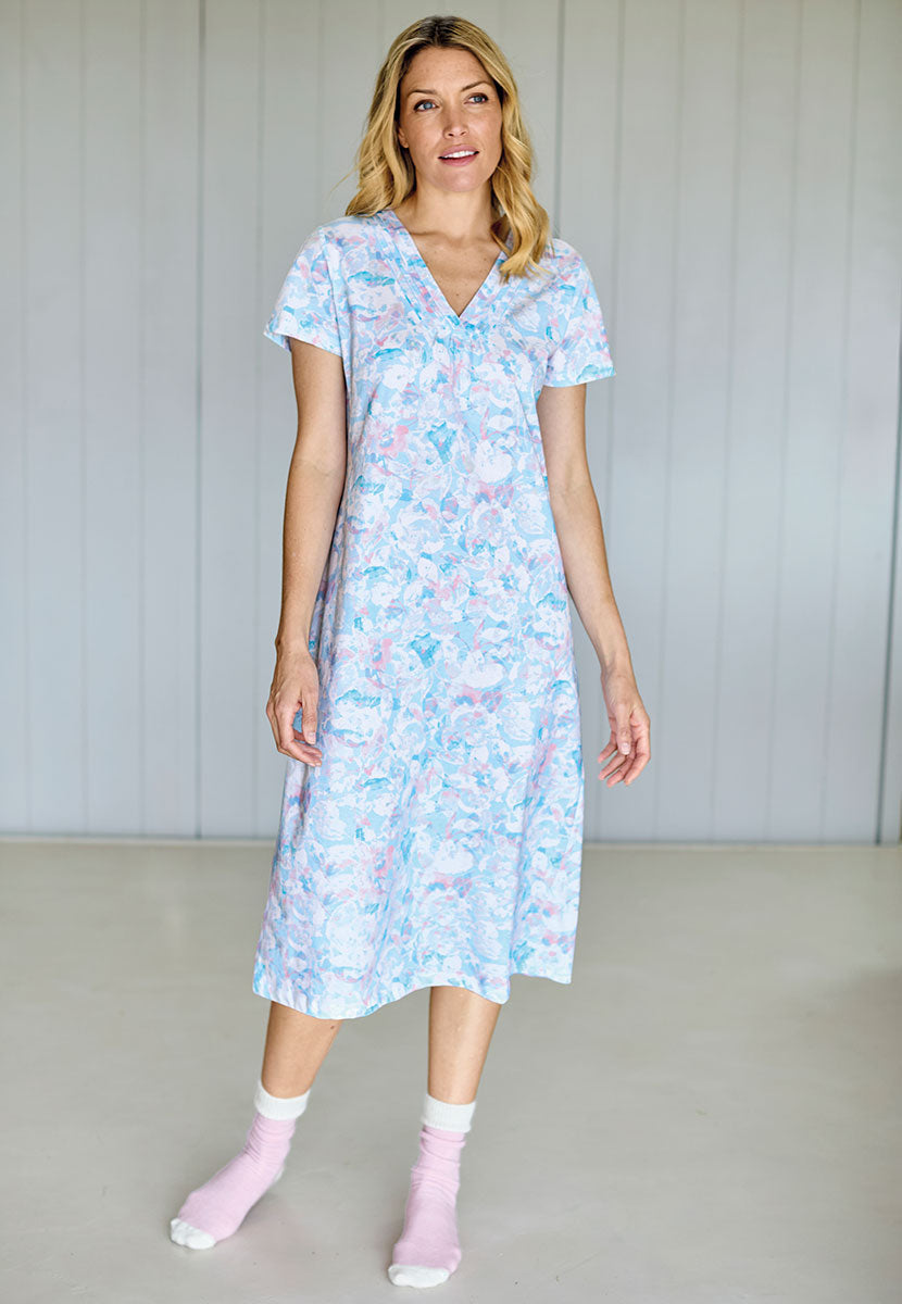 Rosalyn Short Sleeve Cotton Jersey Nightdress - Murcia Print Pure Cotton V-Neck Best-Selling Style in Longer Length Pretty Pleat Detail