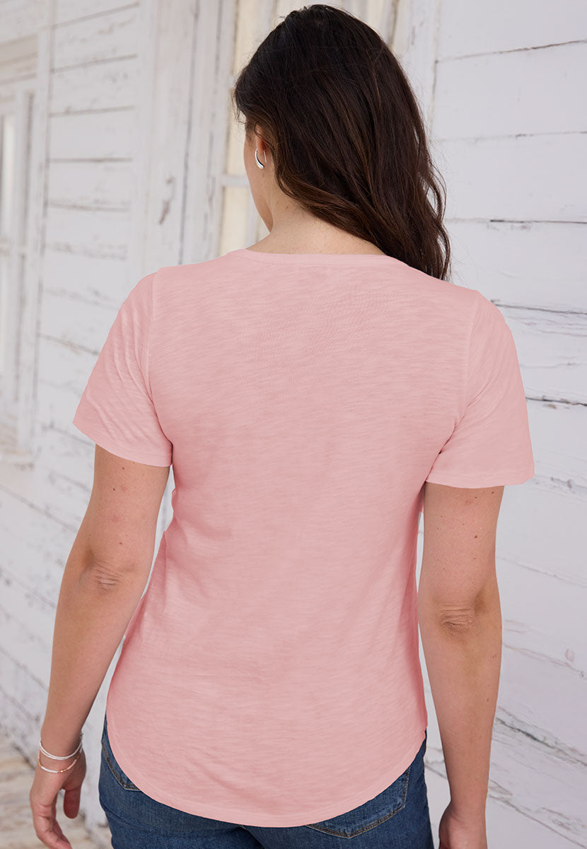 Rosaria Short Sleeve Crew Neck Top - Blossom Pink Knitted Look Fabric with Raglan sleeves and Relaxed Shape Back View