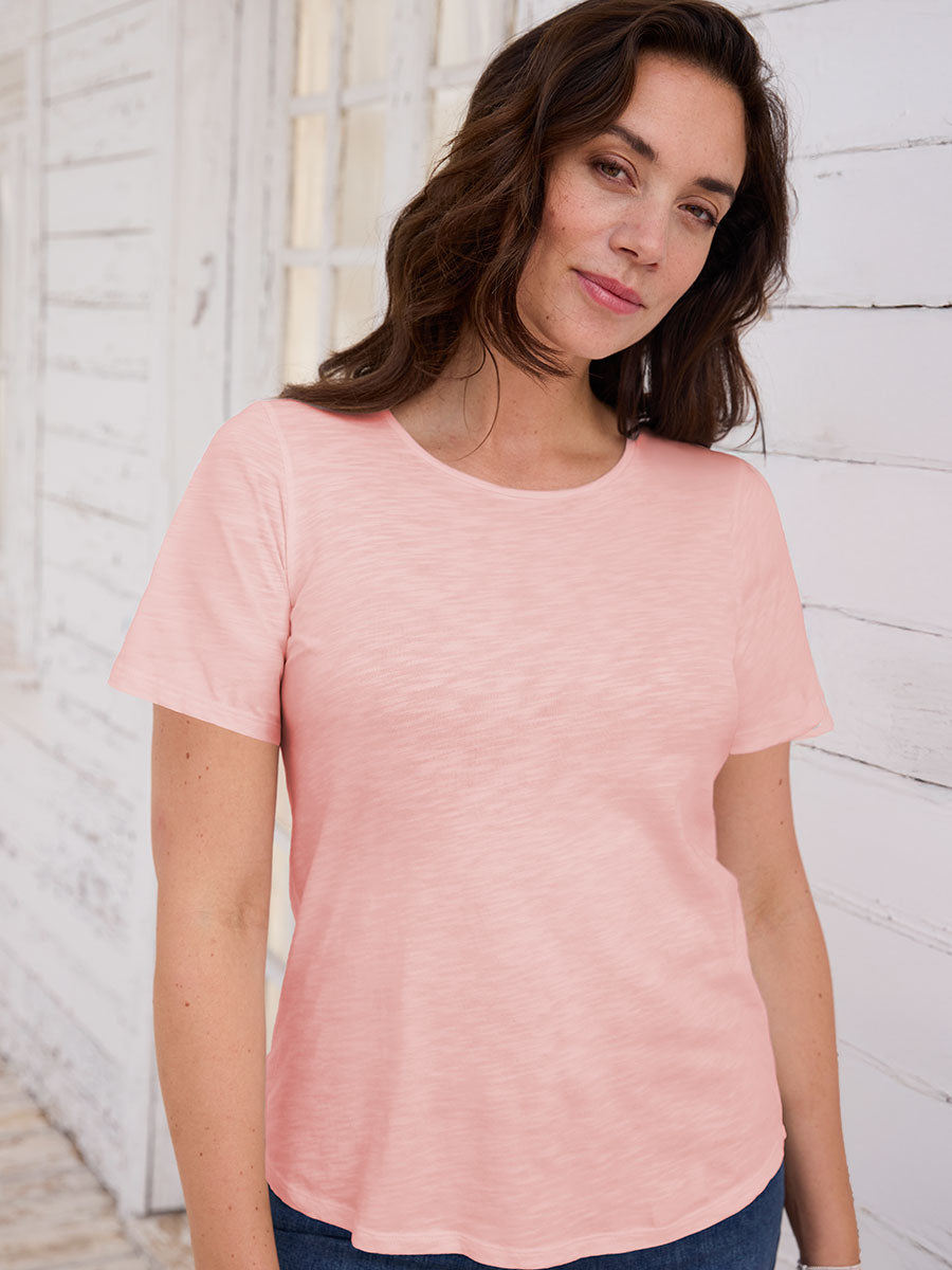 Rosaria Short Sleeve Crew Neck Top - Blossom Pink Knitted Look Fabric with Raglan sleeves and Relaxed Shape