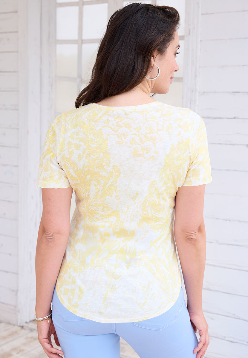 Rosaria Short Sleeve Crew Neck Top - Pastel Yellow Print - Pure Cotton Relaxed Style Lightweight Back View