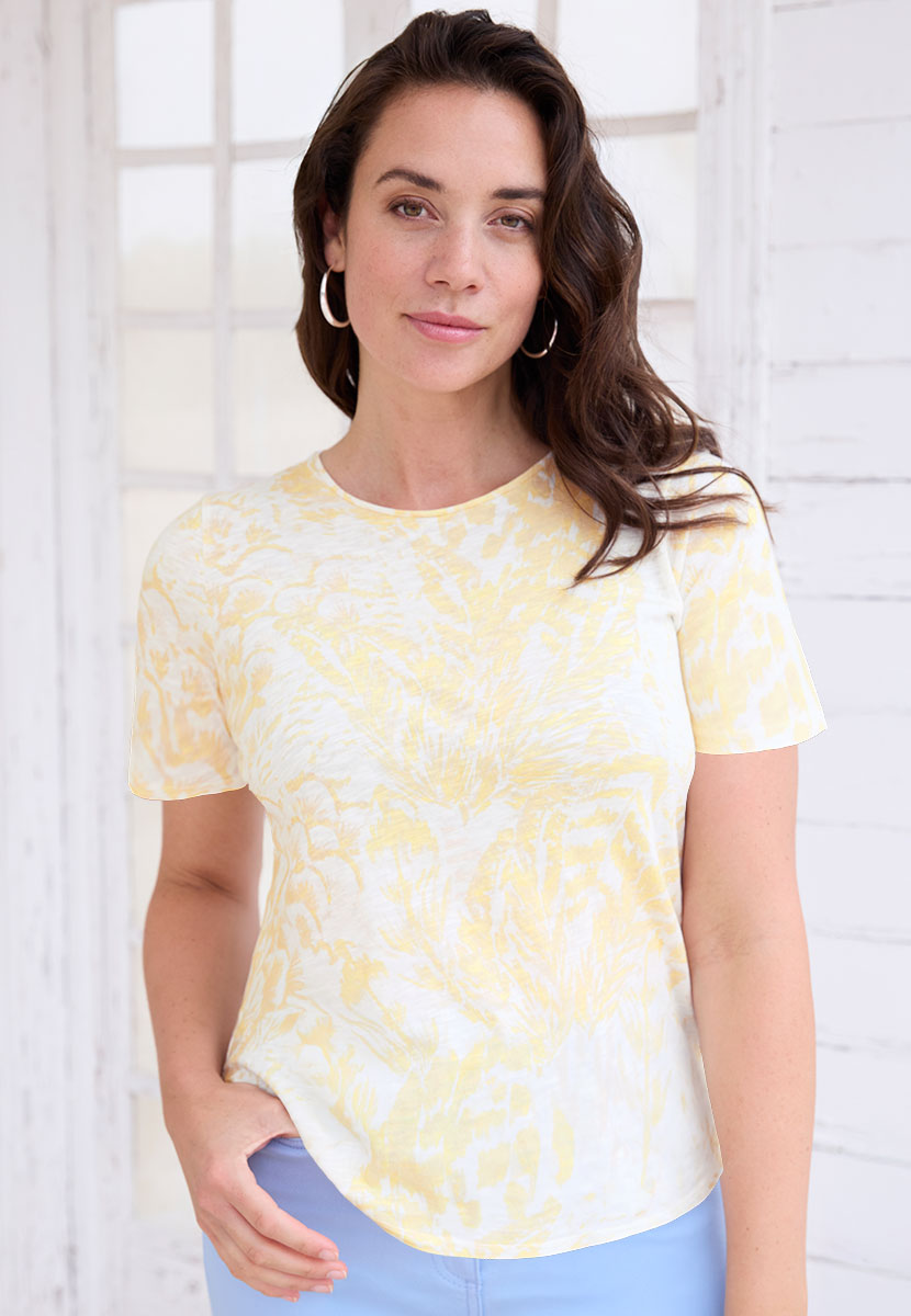 Rosaria Short Sleeve Crew Neck Top - Pastel Yellow Print - Pure Cotton Relaxed Style Lightweight