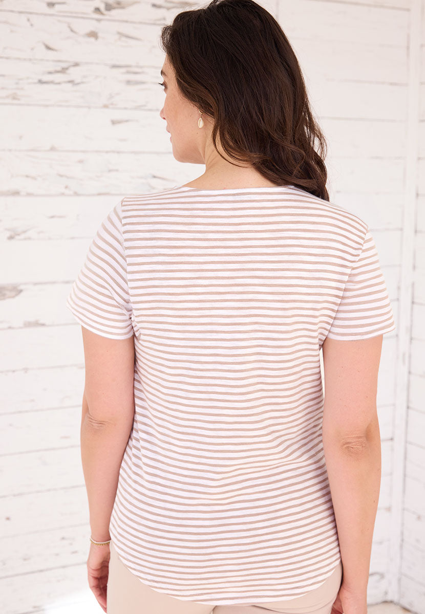 Rosaria Short Sleeve Crew Neck Top - Summer Almond Stripe Knitted Look Fabric with Raglan sleeves and Relaxed Shape Back View