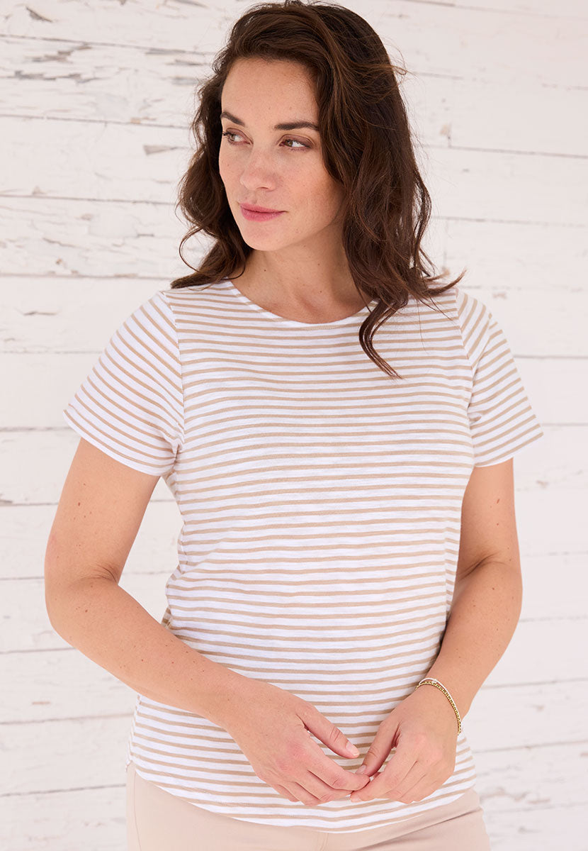 Rosaria Short Sleeve Crew Neck Top - Summer Almond Stripe Knitted Look Fabric with Raglan sleeves and Relaxed Shape
