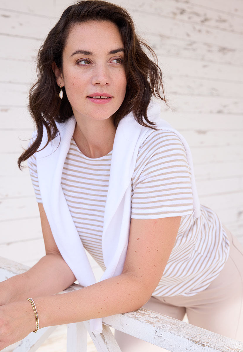 Rosaria Short Sleeve Crew Neck Top - Summer Almond Stripe Knitted Look Fabric with Raglan sleeves and Relaxed Shape Front Alt