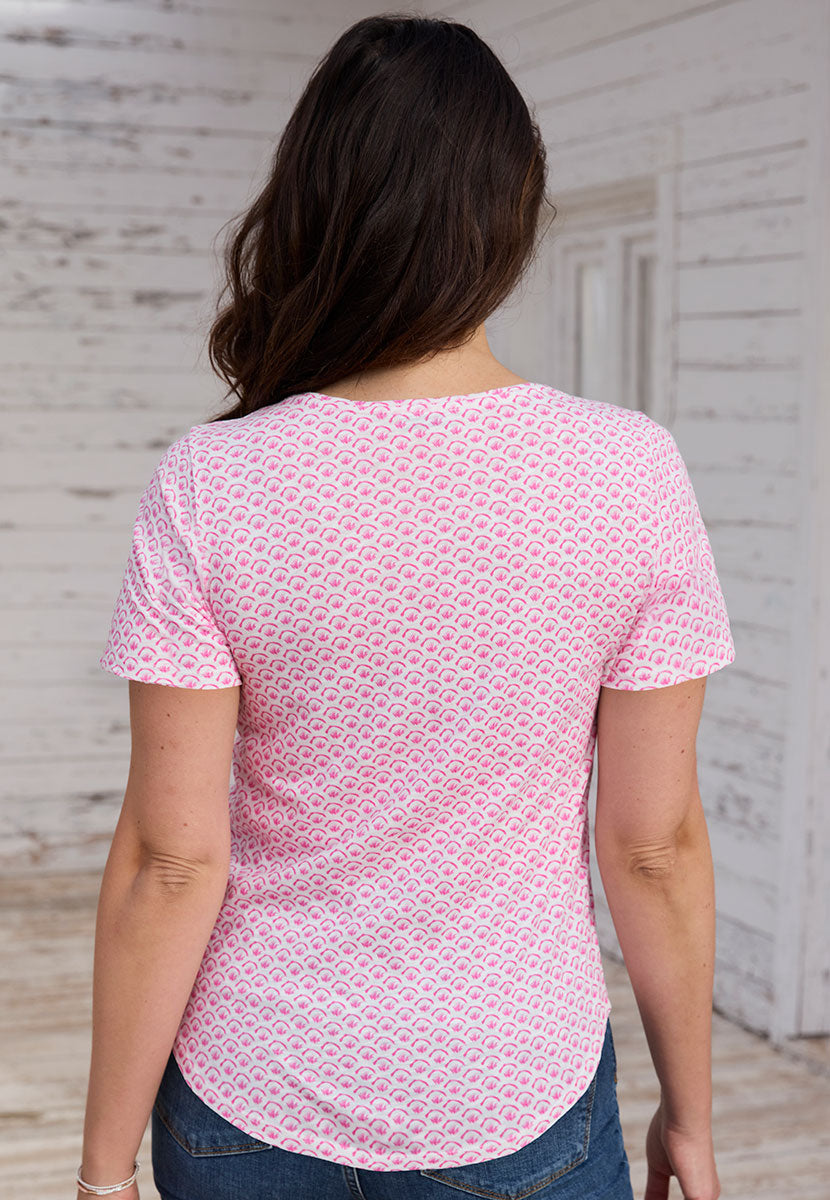 Rosaria Short Sleeve Crew Neck Top - Summer Pink Print Knitted Look Fabric with Raglan sleeves and Relaxed Shape Back View