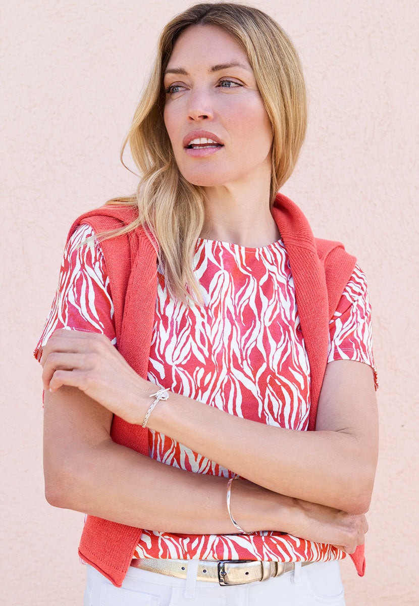 Rosaria Short Sleeve Crew Neck Cotton Top - Terracotta Red
