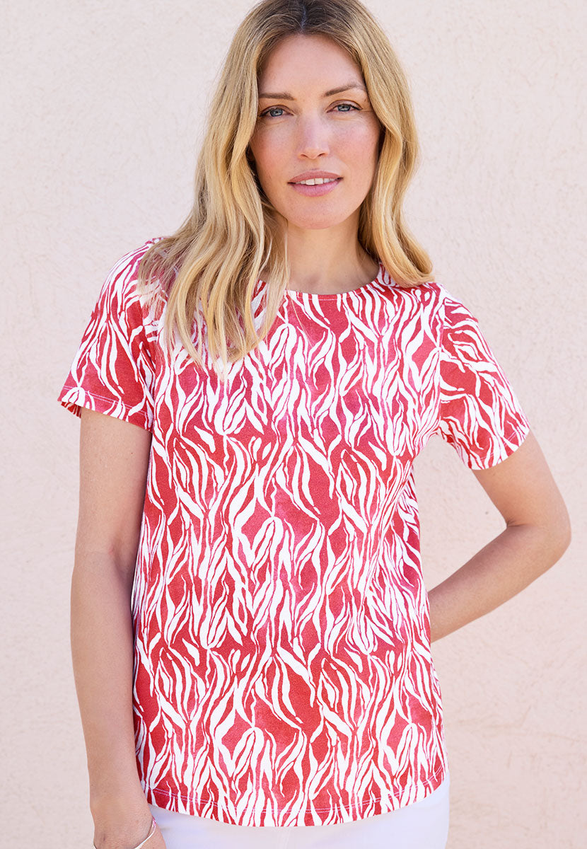 Rosaria Short Sleeve Crew Neck Cotton Top - Terracotta Red