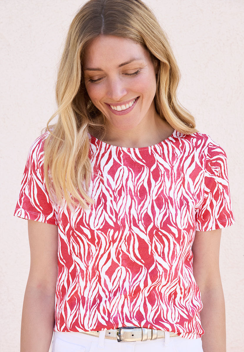 Rosaria Short Sleeve Crew Neck Cotton Top - Terracotta Red