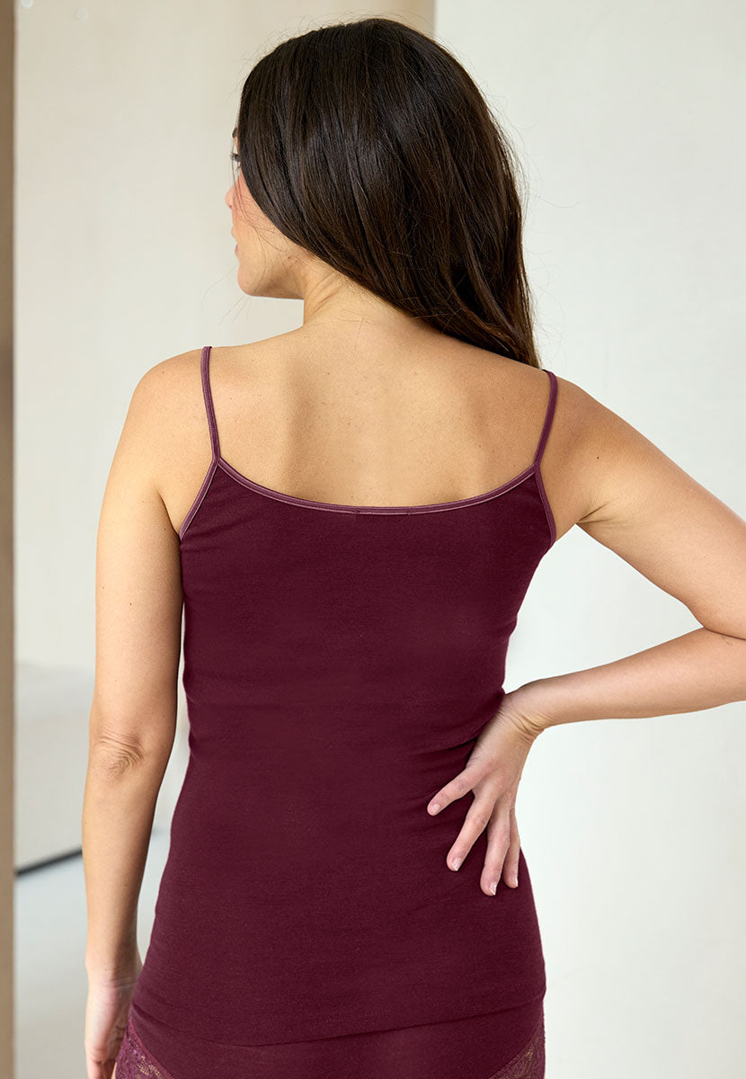 Rosella Merino Thermal Camisole - Berry Long Length Stretch Lace Non Slip Straps with Side Seam Free For Comfort Back View
