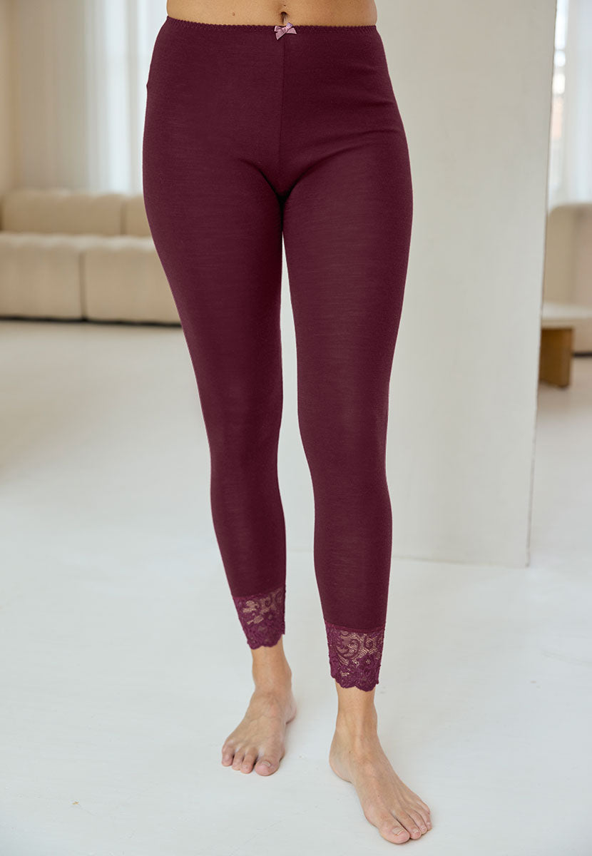 Rosella Merino Thermal Long Johns - Berry Stretch Lace Ankle Detail High Rise Elastic Waist Female Bottoms
