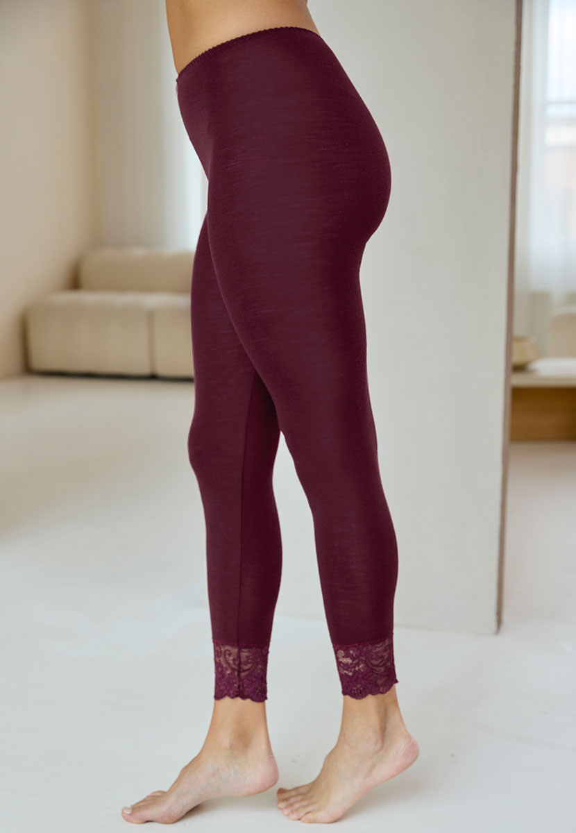 Rosella Merino Thermal Long Johns - Berry Stretch Lace Ankle Detail High Rise Elastic Waist Female Bottoms Side View