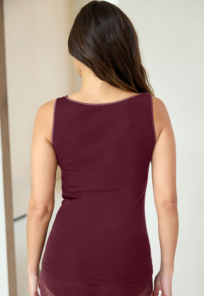 Rosella Merino Thermal Vest - Berry Warmth Comfort Softness Cosy High Back Wardrobe Staple with Sleeveless Lace Detail Back View
