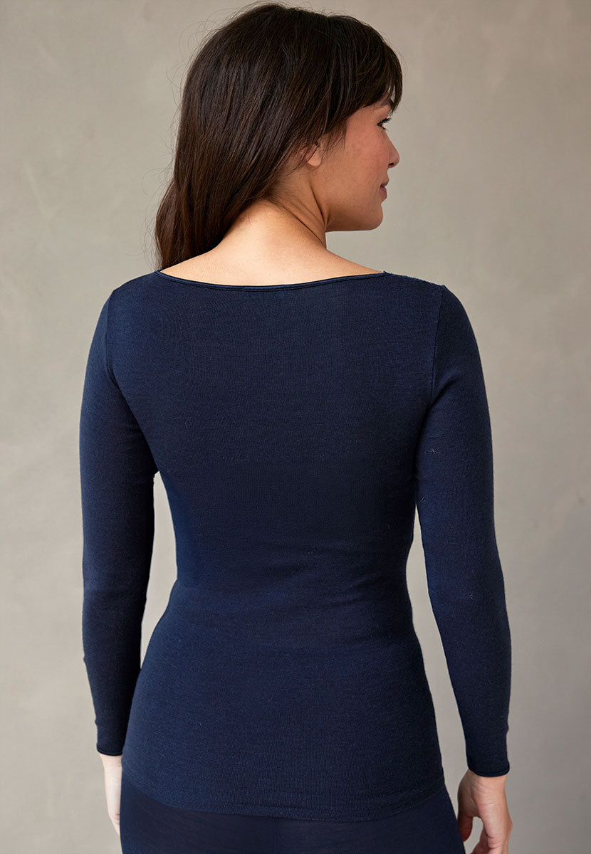 Rosella Merino Thermal Long Sleeve Vest - Night Blue Back View