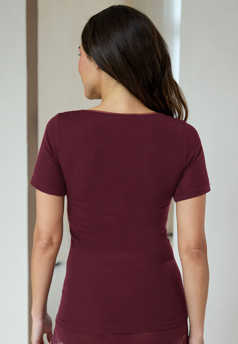 Rosella Merino Thermal Short Sleeve Vest - Berry Warmth Comfort In New Style Soft Stretch Lace Detail Side Seam Free Back View