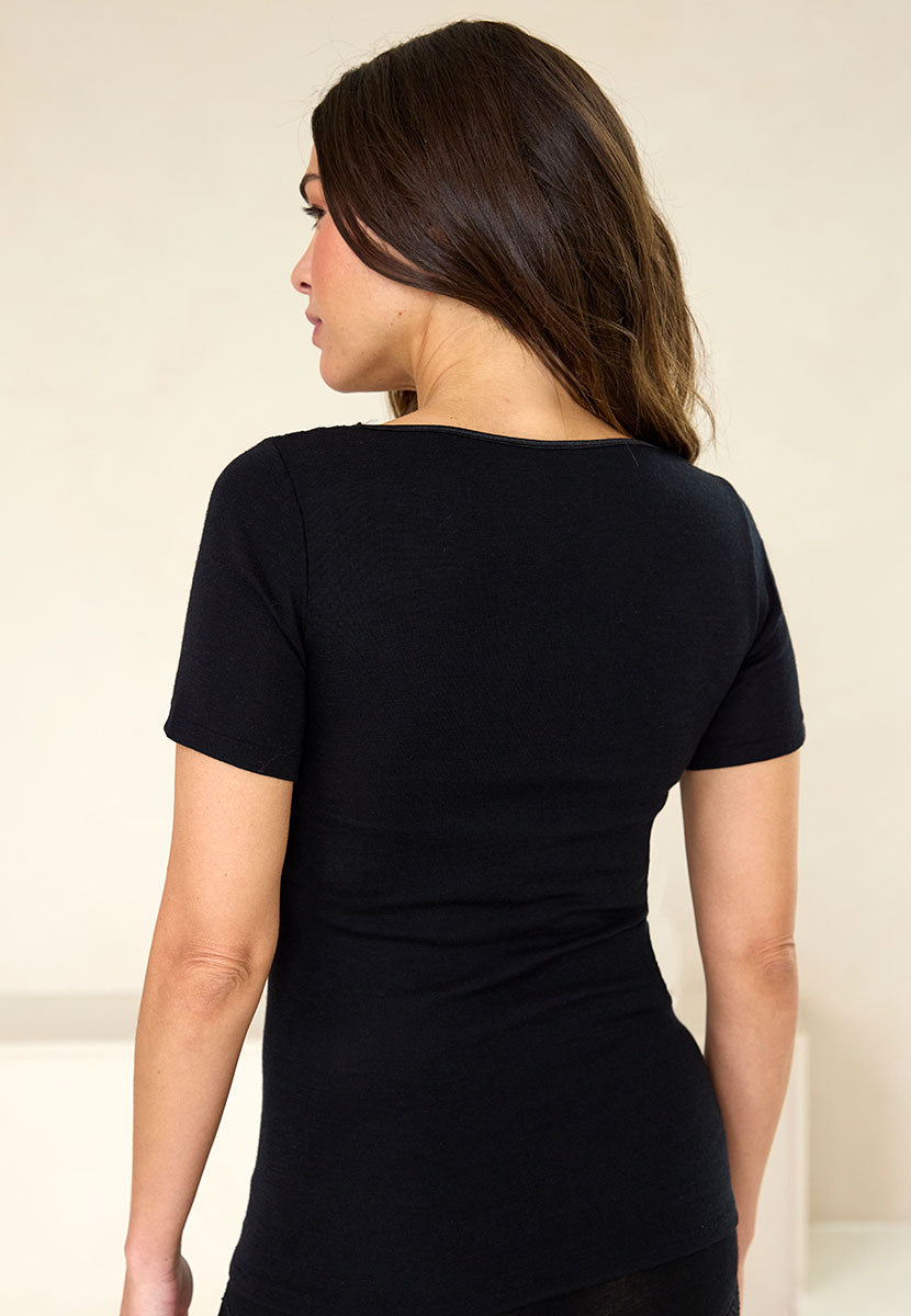 Rosella Merino Thermal Short Sleeve Vest - Black Warmth Comfort In New Style Soft Stretch Lace Detail Side Seam Free Back View