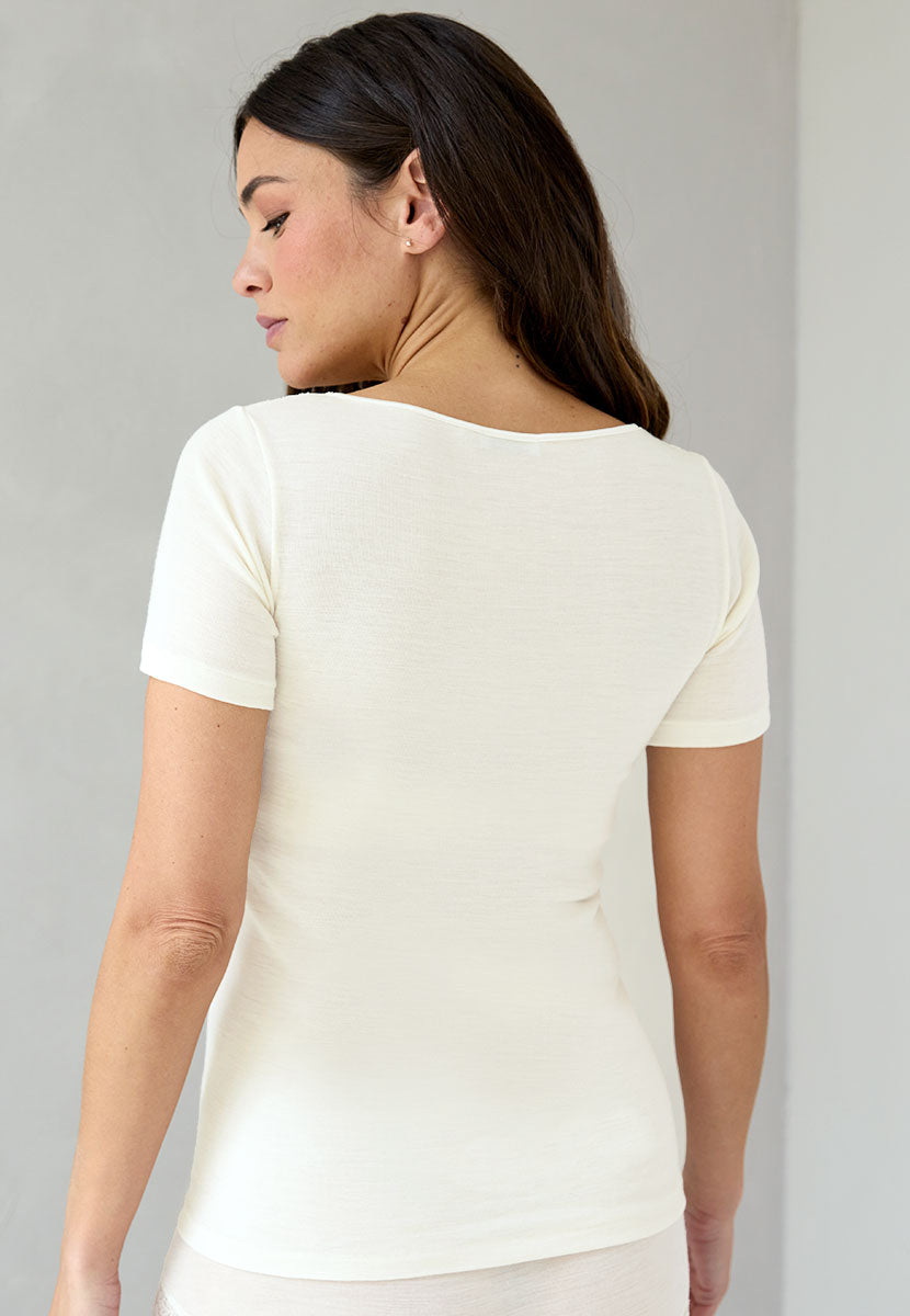 Rosella Merino Thermal Short Sleeve Vest - Ivory Warmth Comfort In New Style Soft Stretch Lace Detail Side Seam Free Back View