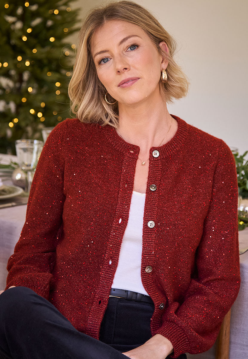 Rosey Crew Neck Sparkle Cardigan - Red Sparkle Front View