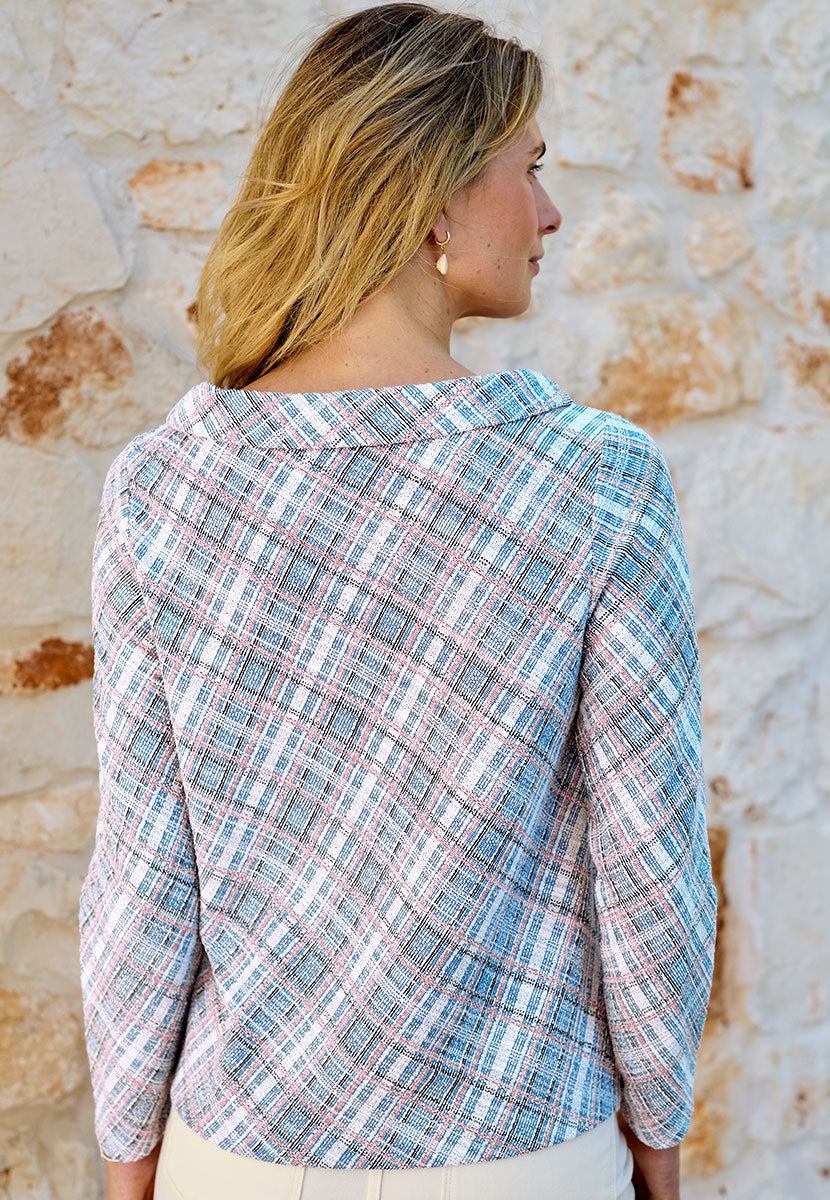 Ruby Long Sleeve Checked Top - Blue Pink White Check Made from Jacquard Fabric Flattering Bardot Neckline Back View