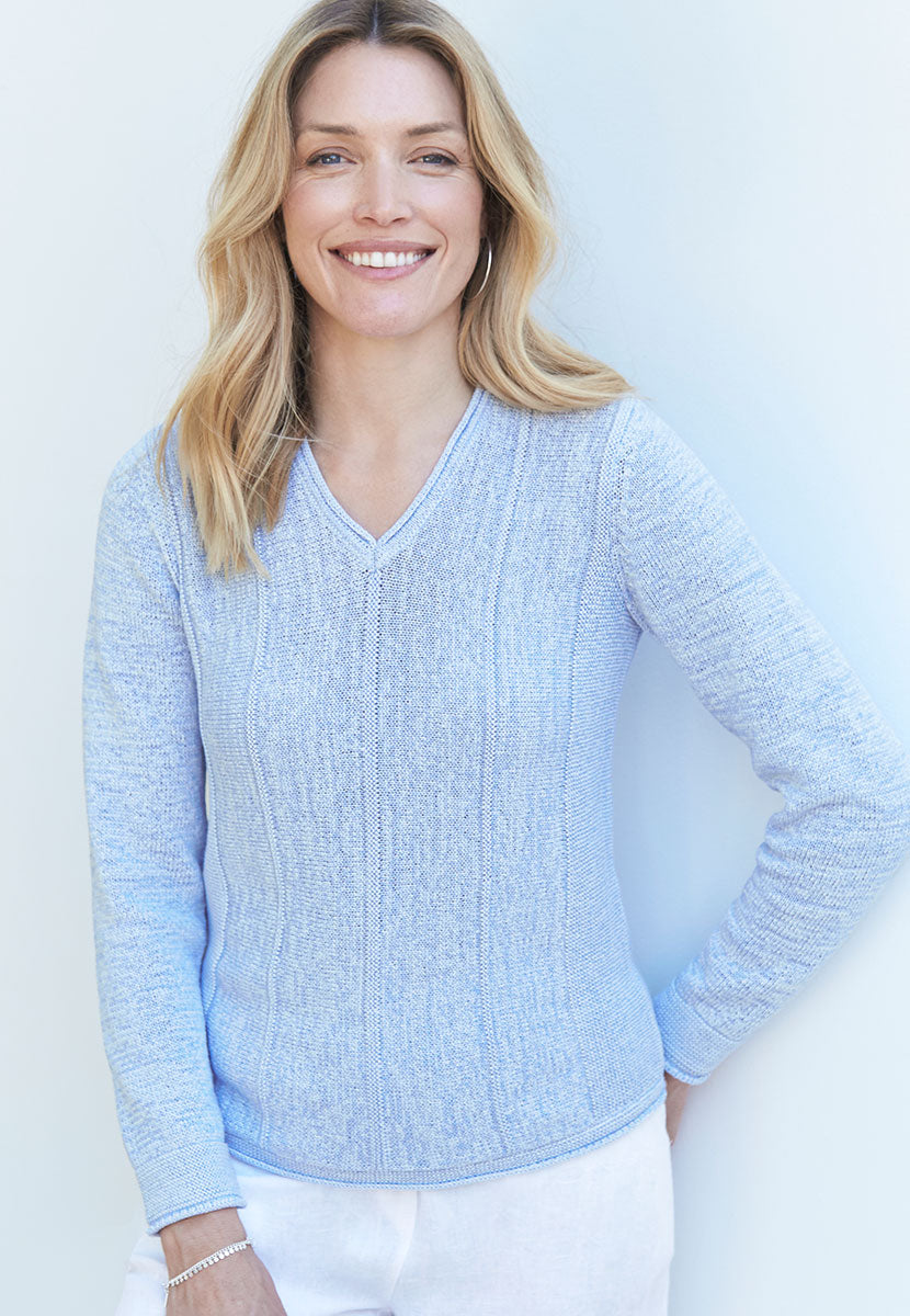 Ruth V-Neck Cotton Blend Long Sleeve Jumper - Bluebell