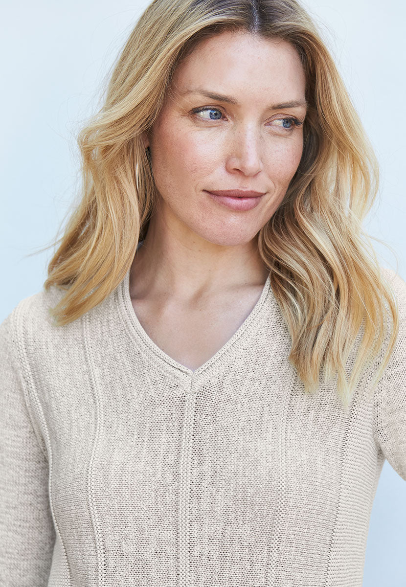 Ruth V-Neck Cotton Blend Long Sleeve Jumper - Oatmeal