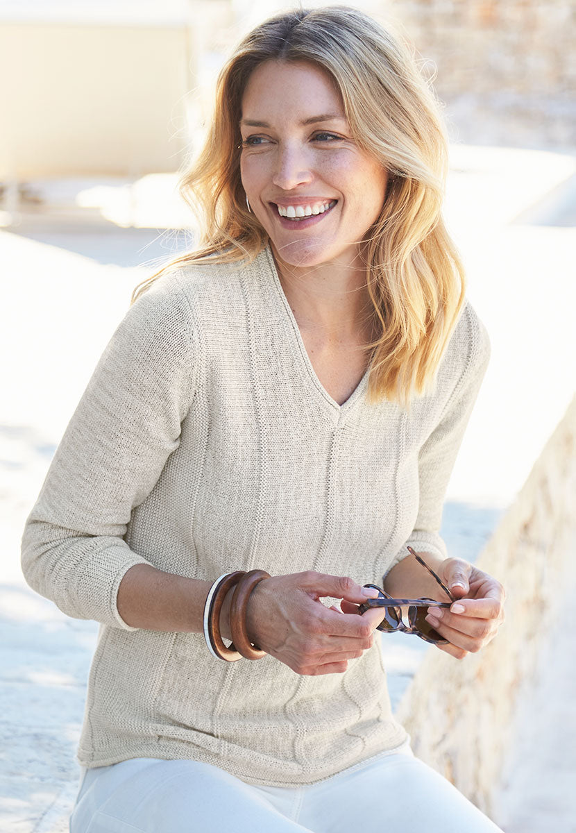 Ruth V-Neck Cotton Blend Long Sleeve Jumper - Oatmeal