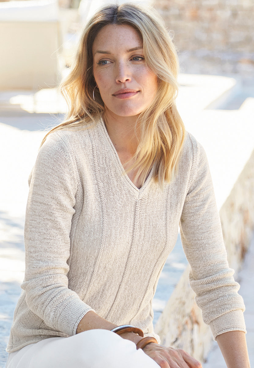 Ruth V-Neck Cotton Blend Long Sleeve Jumper - Oatmeal