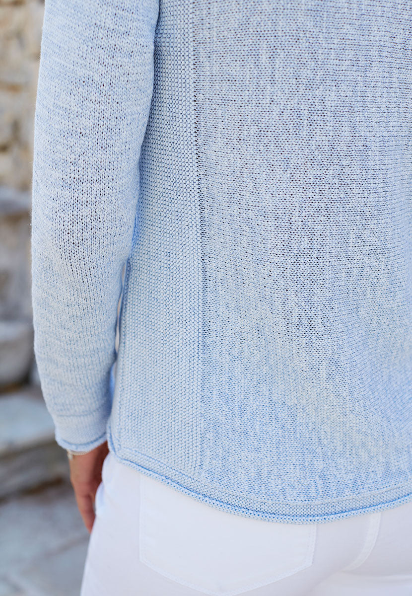 Ruth V-Neck Cotton Blend Long Sleeve Jumper - Soft Blue Mid-Weight Blend in Tape Yarn Fabric Ideal Transitional Knit Detail View