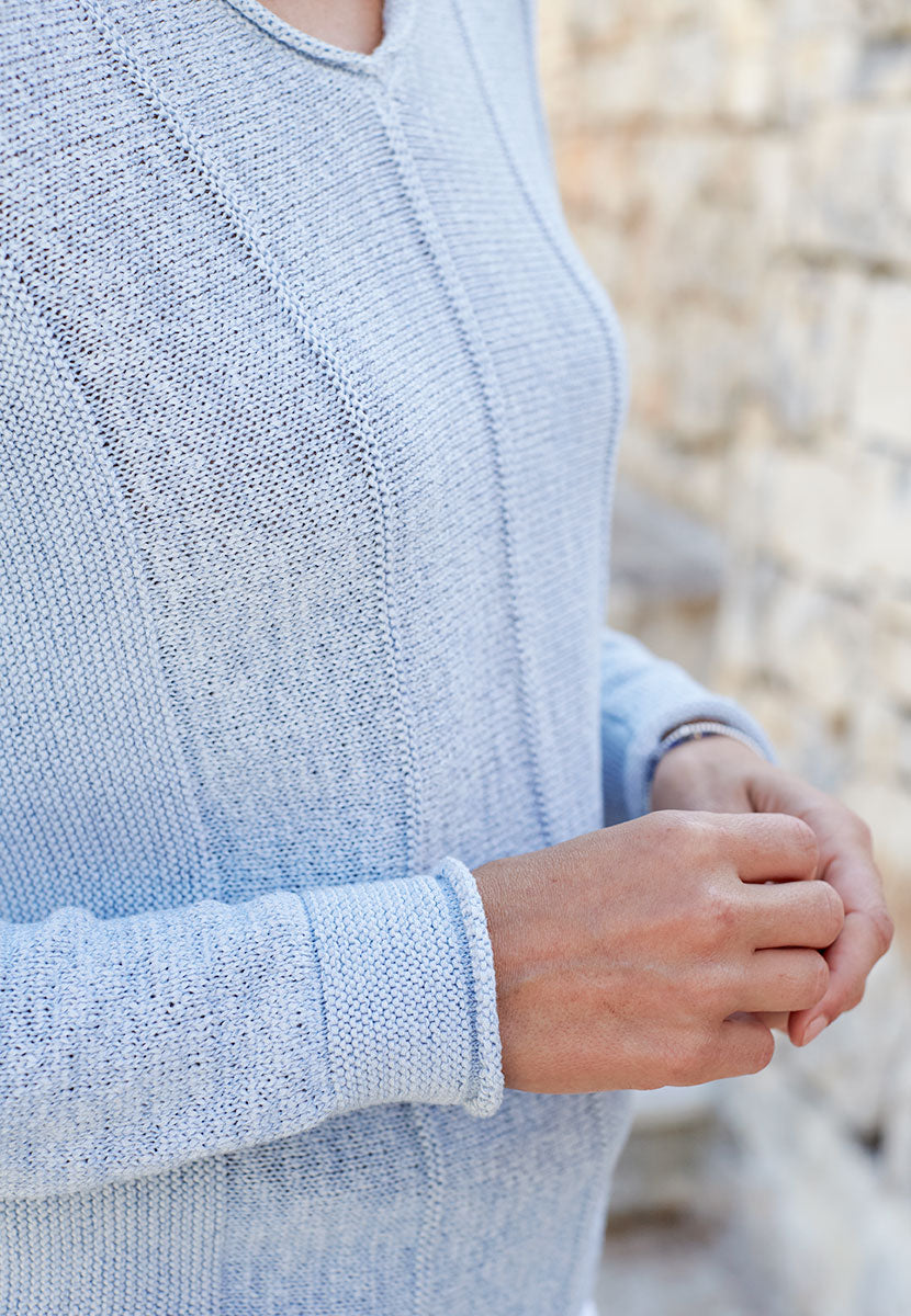 Ruth V-Neck Cotton Blend Long Sleeve Jumper - Soft Blue Mid-Weight Blend in Tape Yarn Fabric Ideal Transitional Knit Side Shot