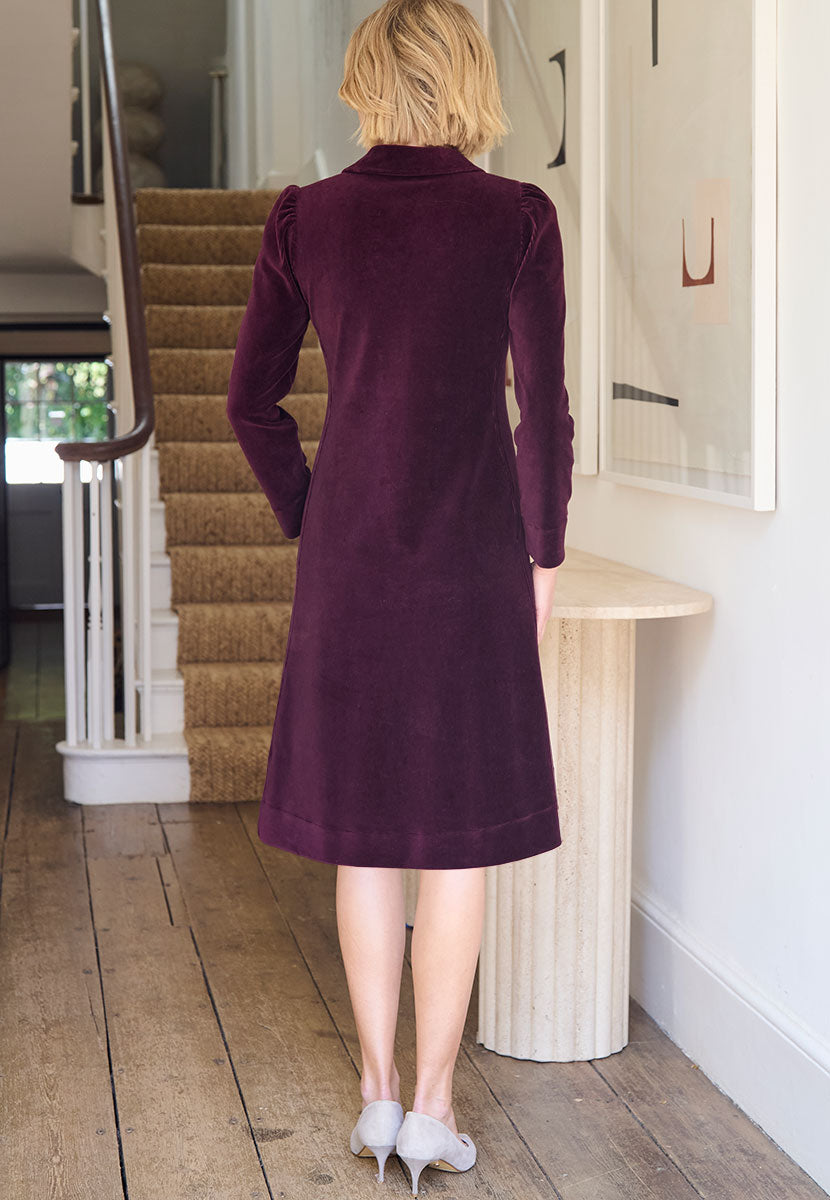 Sadie Long Sleeve Cord Velour Dress - Blackcurrant Back View