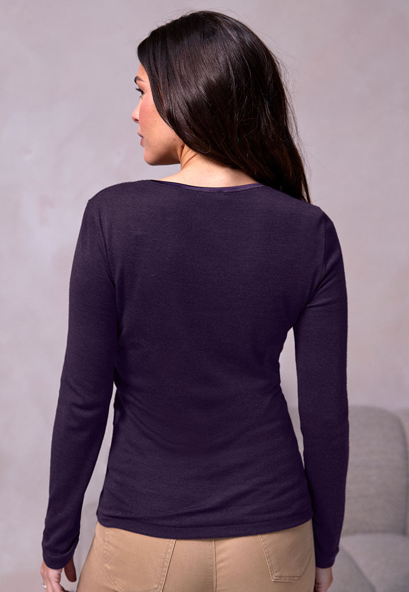 Sara Round Neck Long Sleeve Top - Amethyst Light Warm Satin Neckline Polished Finish Exquisitely Made Comfortable Fit Back View