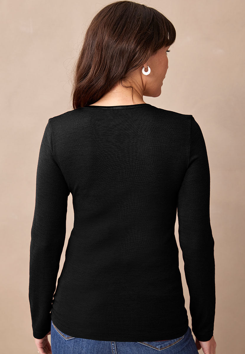 Sara Scoop Neck Long Sleeve Merino Top - Black Back View